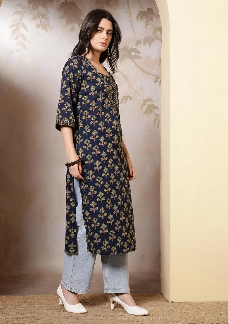 Blue Printed Cotton Kurta - Indya