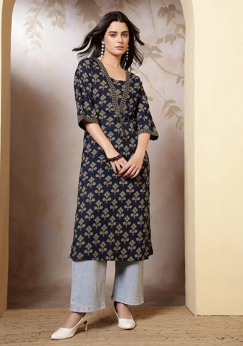 Blue Printed Cotton Kurta - Indya