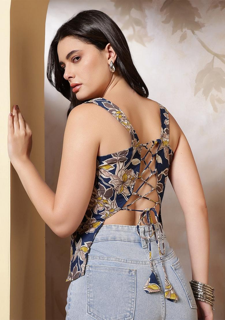 Blue Floral Print Cotton Top - Indya