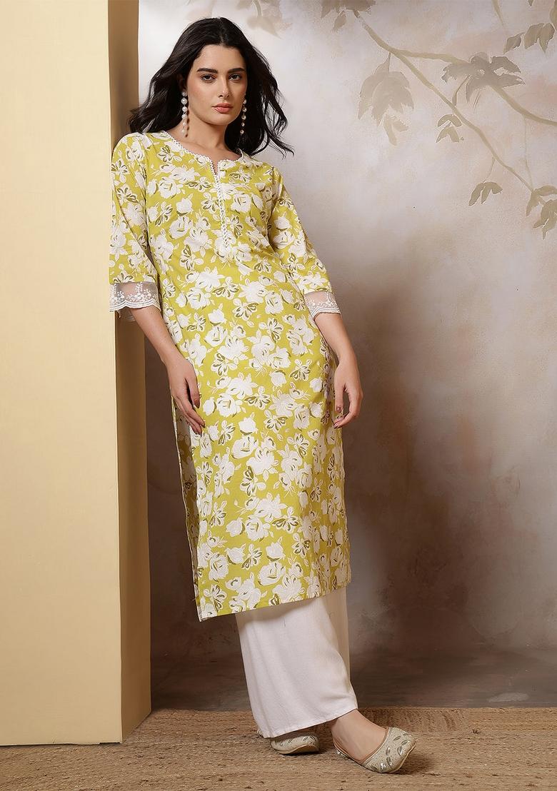 Green Printed Cotton Kurta - Indya