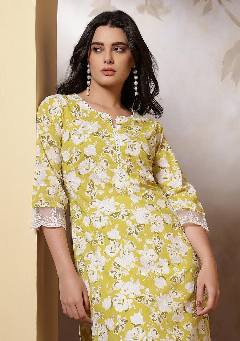 Green Printed Cotton Kurta - Indya