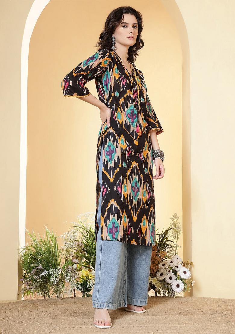Black Printed Cotton Kurta - Indya