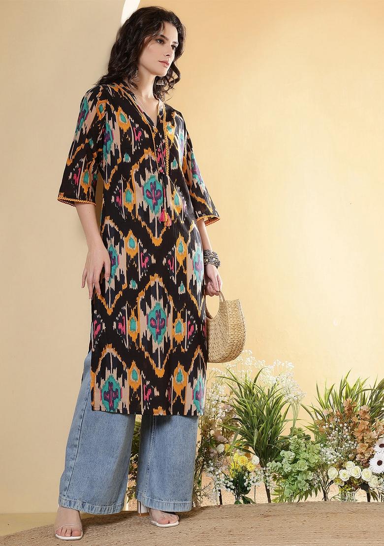 Black Printed Cotton Kurta - Indya