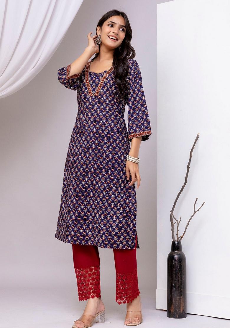 Blue Printed Cotton Kurta - Indya