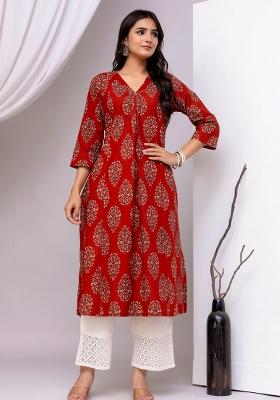 Maroon Printed Cotton Kurta