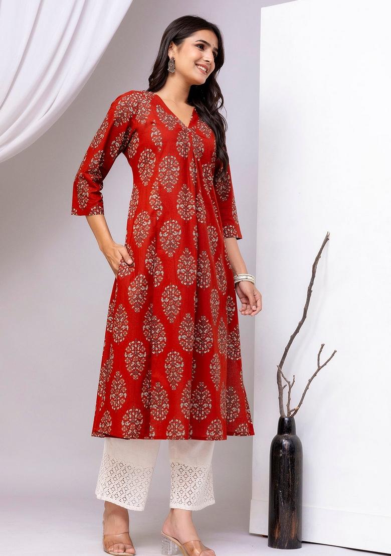 Maroon Printed Cotton Kurta - Indya