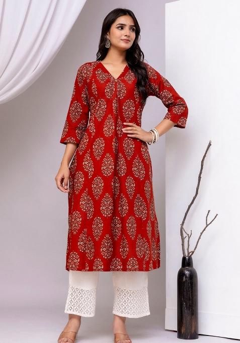 Maroon Printed Cotton Kurta