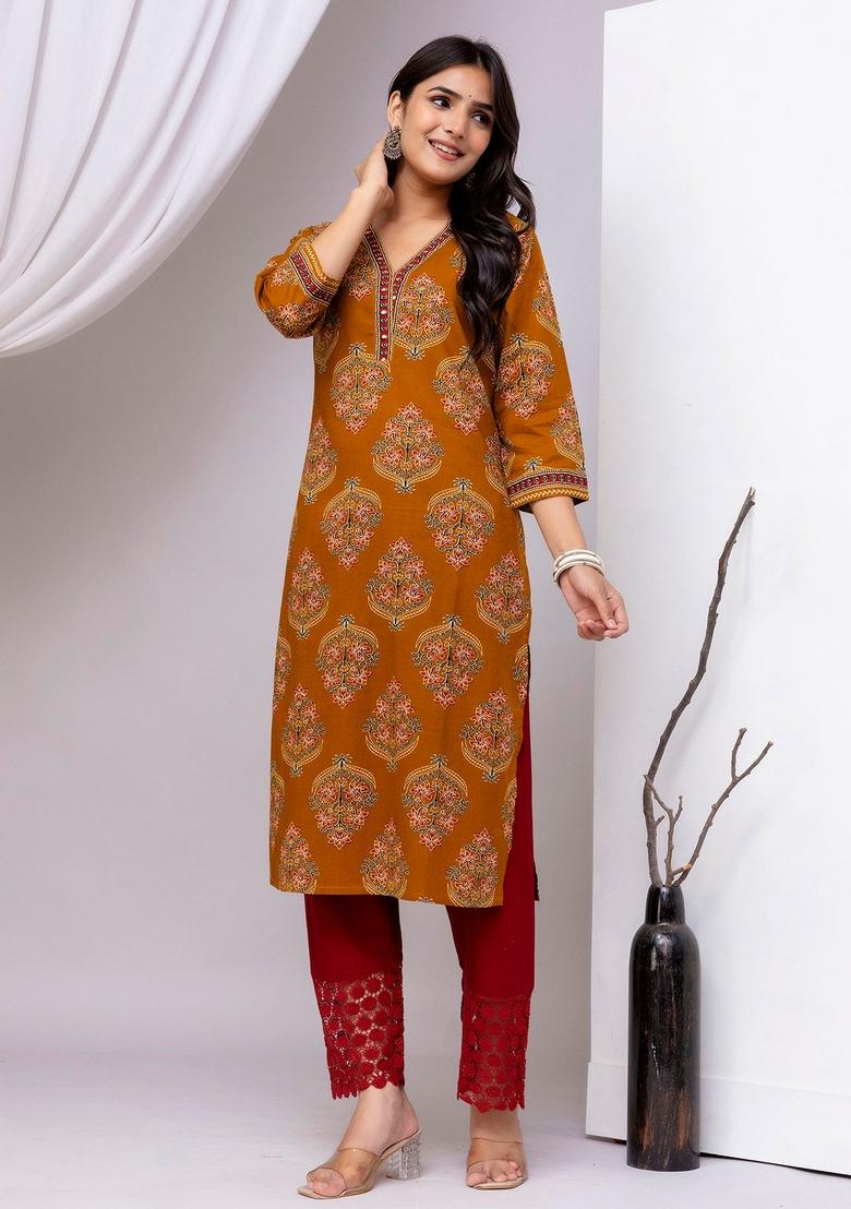 Mustard Printed Cotton Kurta - Indya