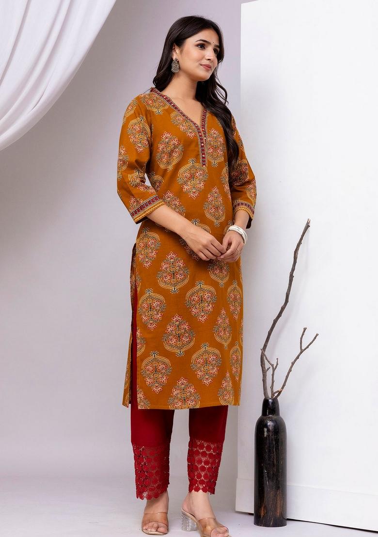 Mustard Printed Cotton Kurta - Indya