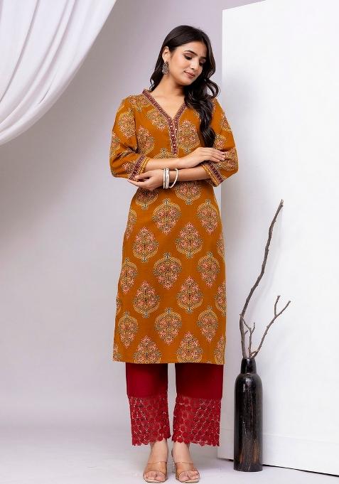 Mustard Printed Cotton Kurta