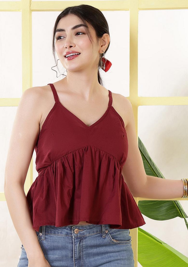 Maroon Solid Cotton Top - Indya