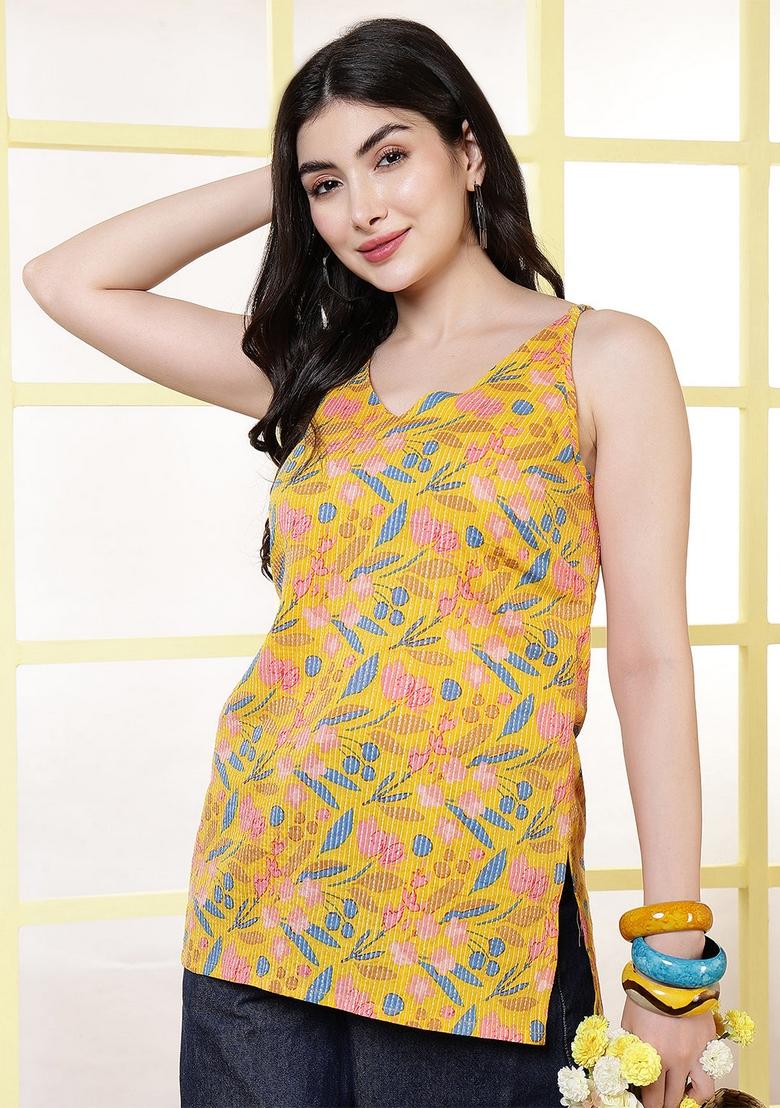 Yellow Printed Cotton Tunic - Indya