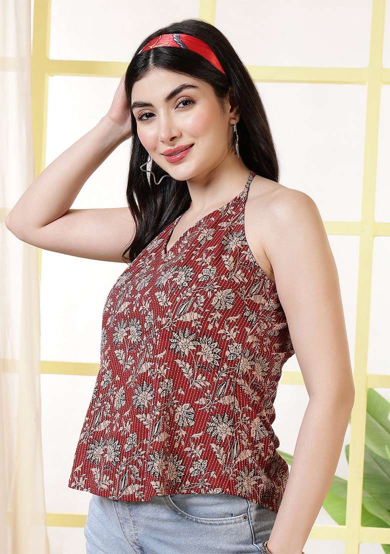 Maroon Floral Print Cotton Kurta - Indya