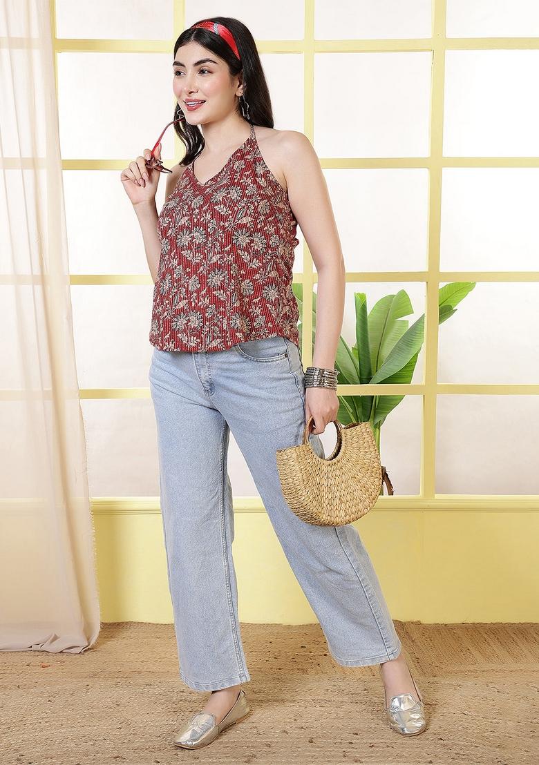 Maroon Printed Cotton Tunic - Indya