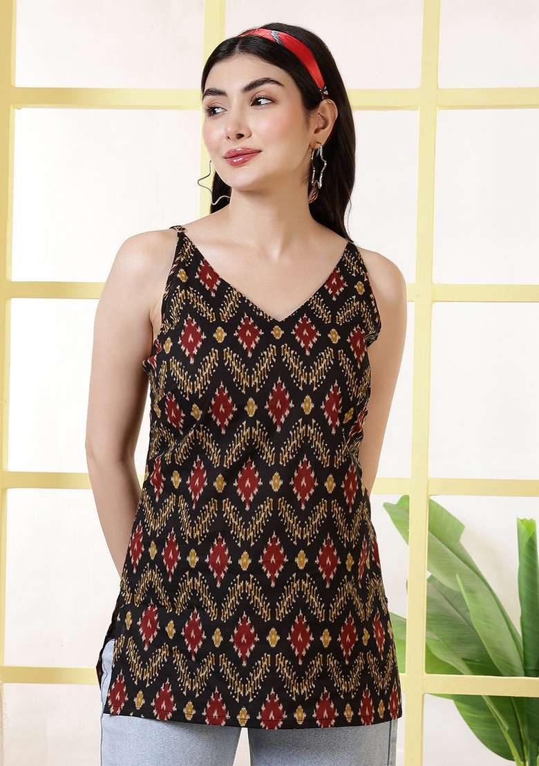 Black Printed Cotton Kurta - Indya