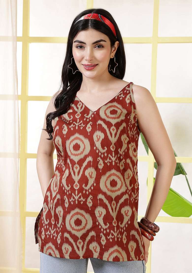 Rust Printed Cotton Kurta - Indya