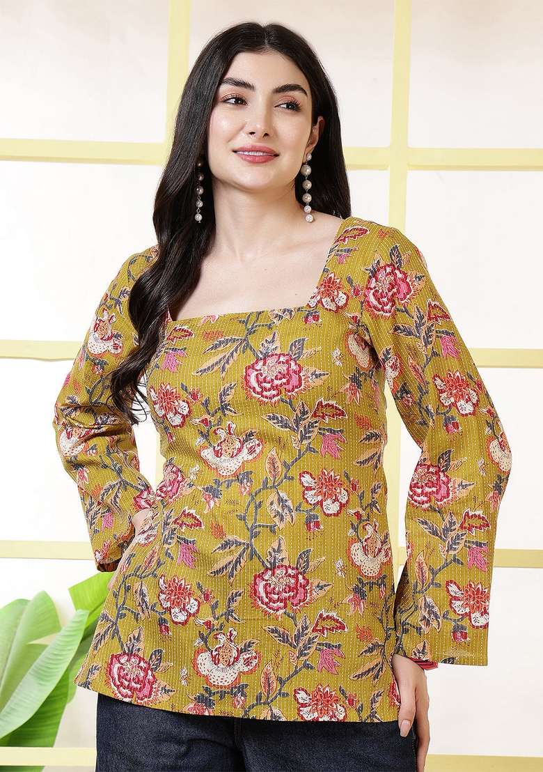 Mustard Floral Print Cotton Kurta - Indya