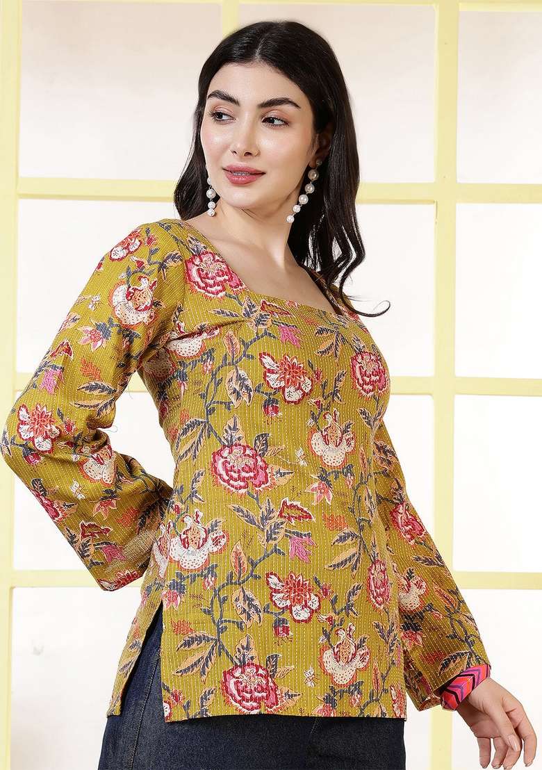 Mustard Floral Print Cotton Kurta - Indya