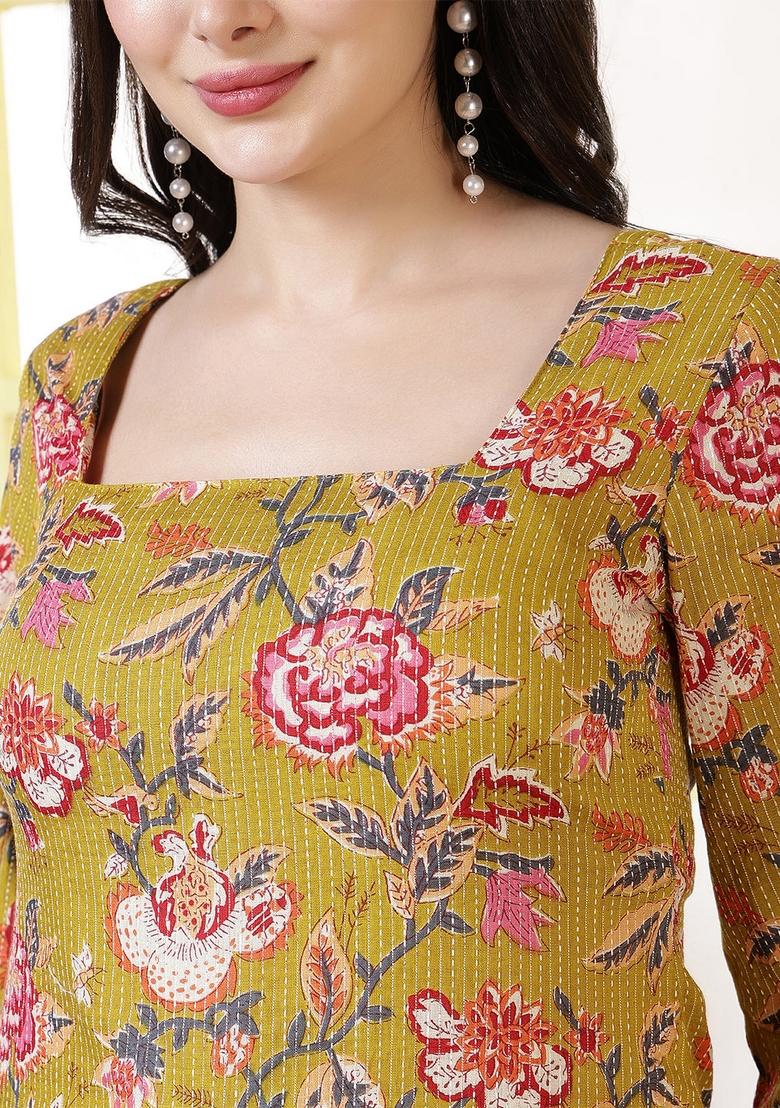 Mustard Printed Cotton Tunic - Indya