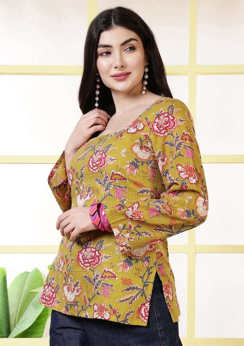 Mustard Floral Print Cotton Kurta - Indya