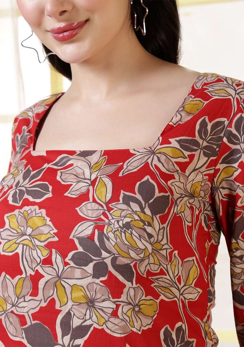 Red Floral Print Cotton Kurta - Indya