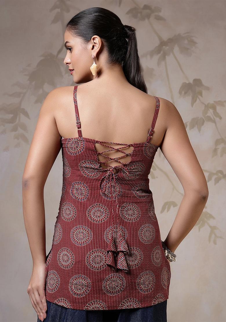 Maroon Printed Cotton Tunic - Indya
