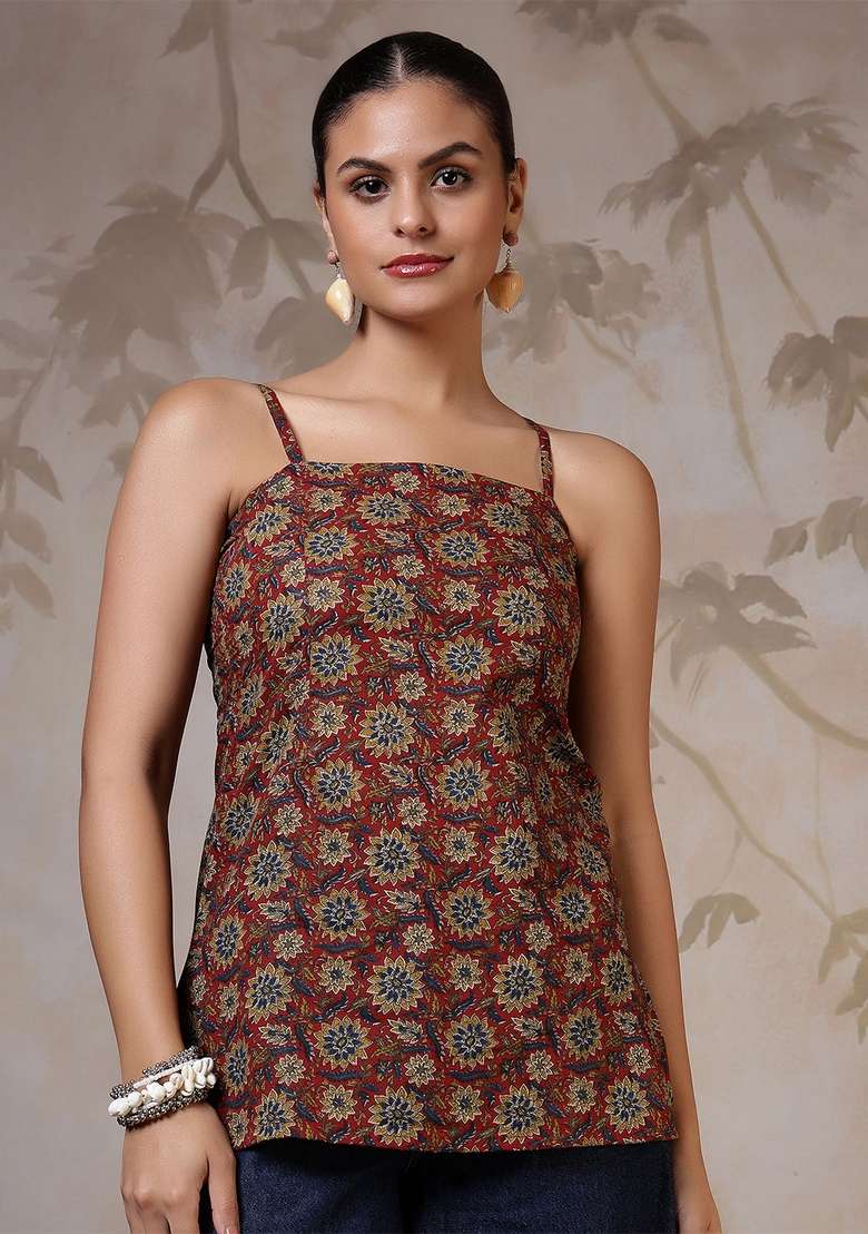 Rust Floral Print Cotton Kurta - Indya