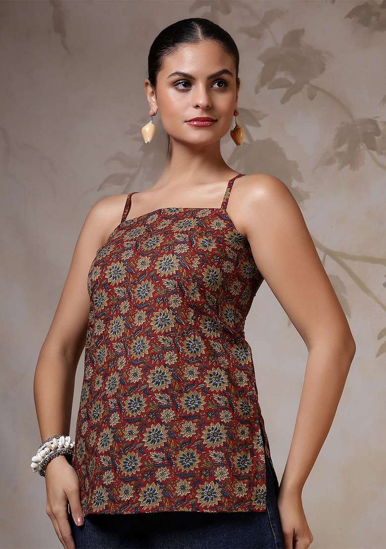 Rust Floral Print Cotton Kurta - Indya