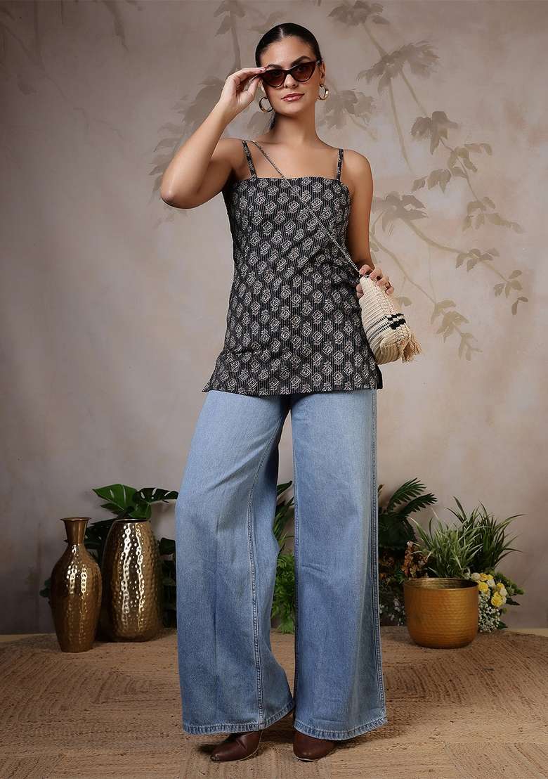 Black Printed Cotton Kurta - Indya