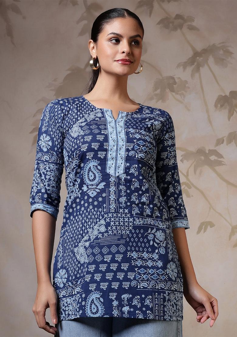 Blue Printed Cotton Tunic - Indya