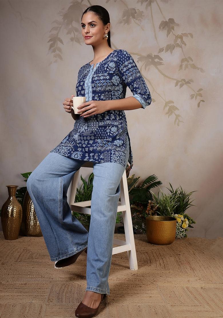 Blue Printed Cotton Tunic - Indya
