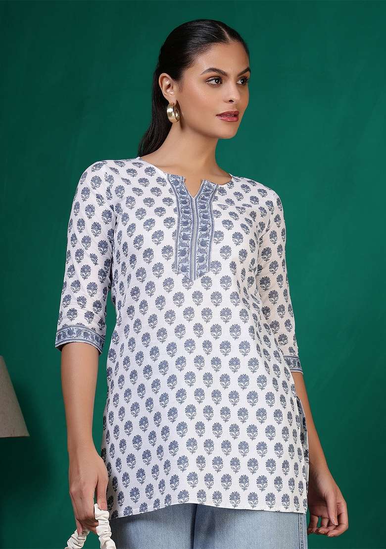 Off White Printed Cotton Kurta - Indya