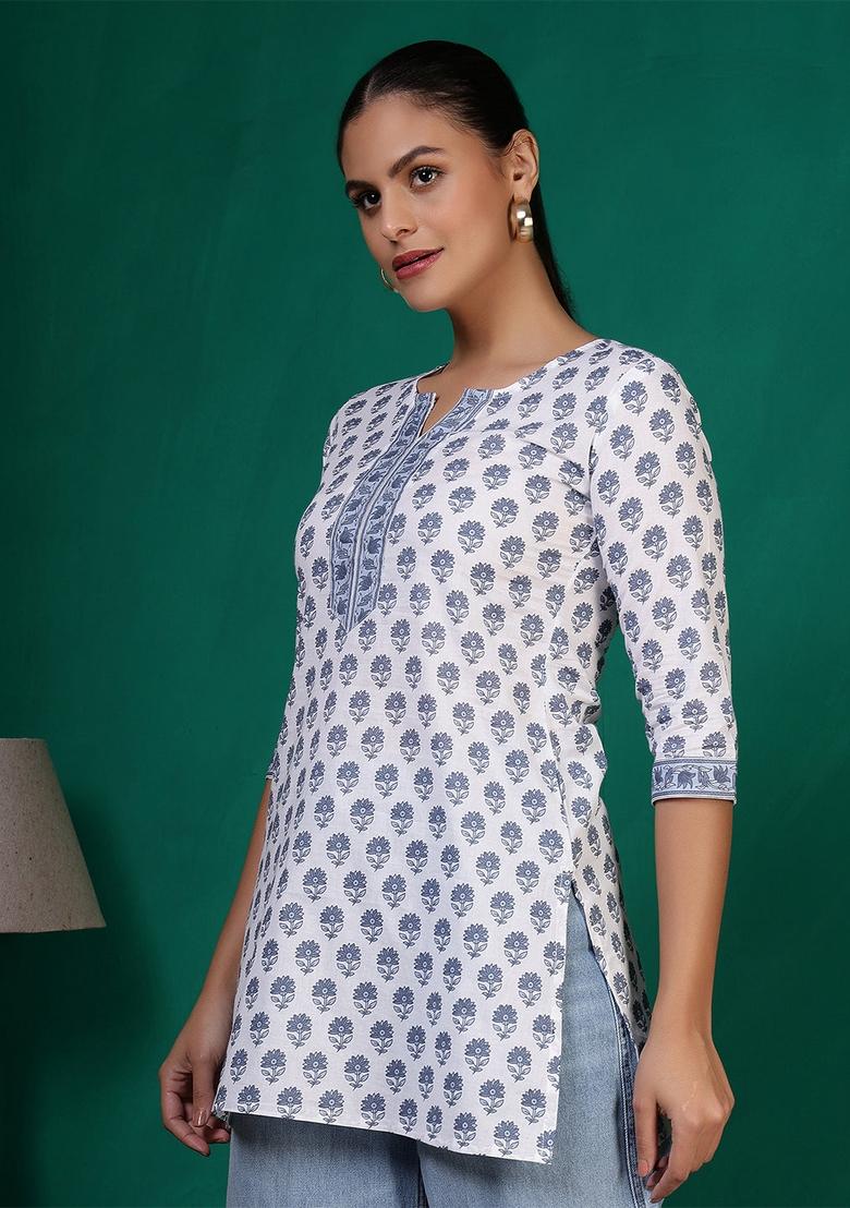 Off White Printed Cotton Kurta - Indya