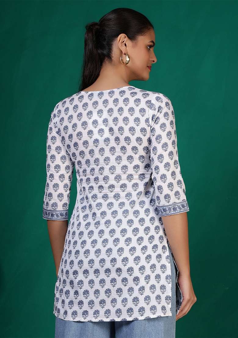 Off White Printed Cotton Kurta - Indya