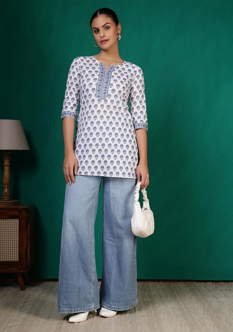 Off White Printed Cotton Kurta - Indya