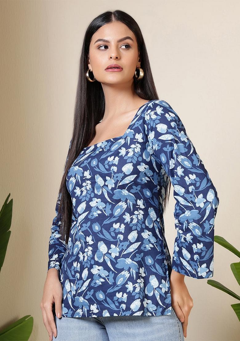 Blue Floral Print Cotton Tunic - Indya