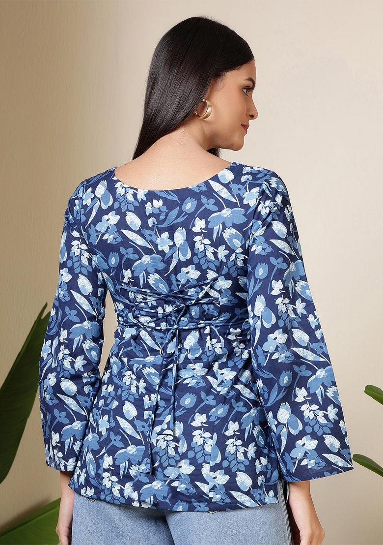 Blue Floral Print Cotton Tunic - Indya