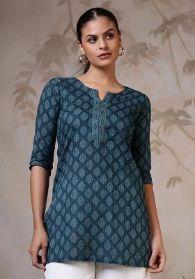 Teal Printed Cotton Kurta