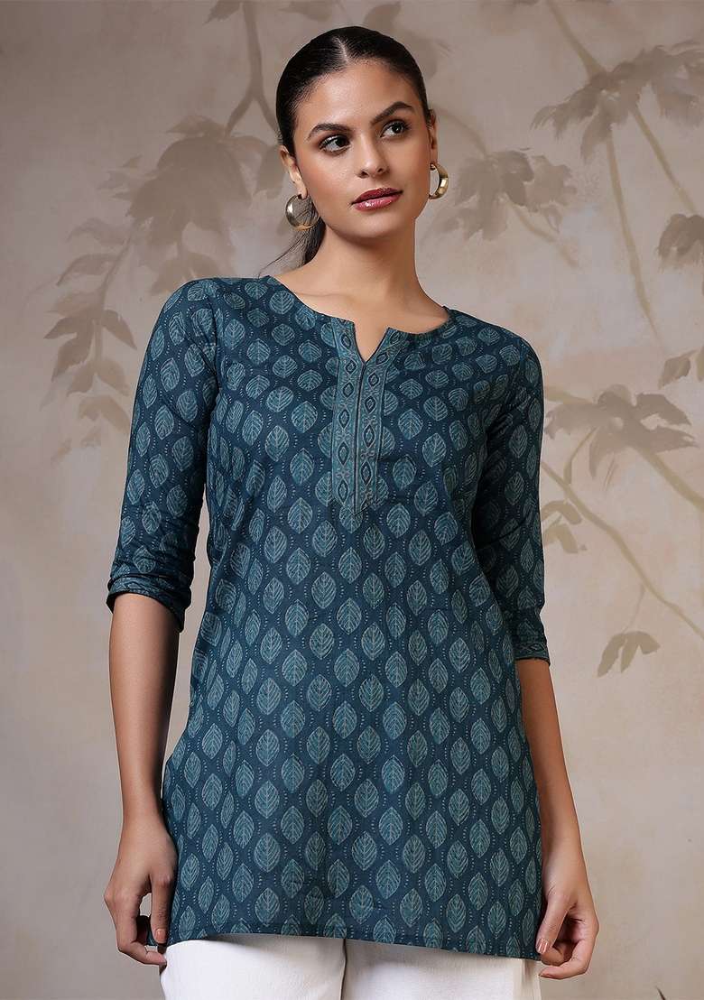 Teal Printed Cotton Kurta - Indya
