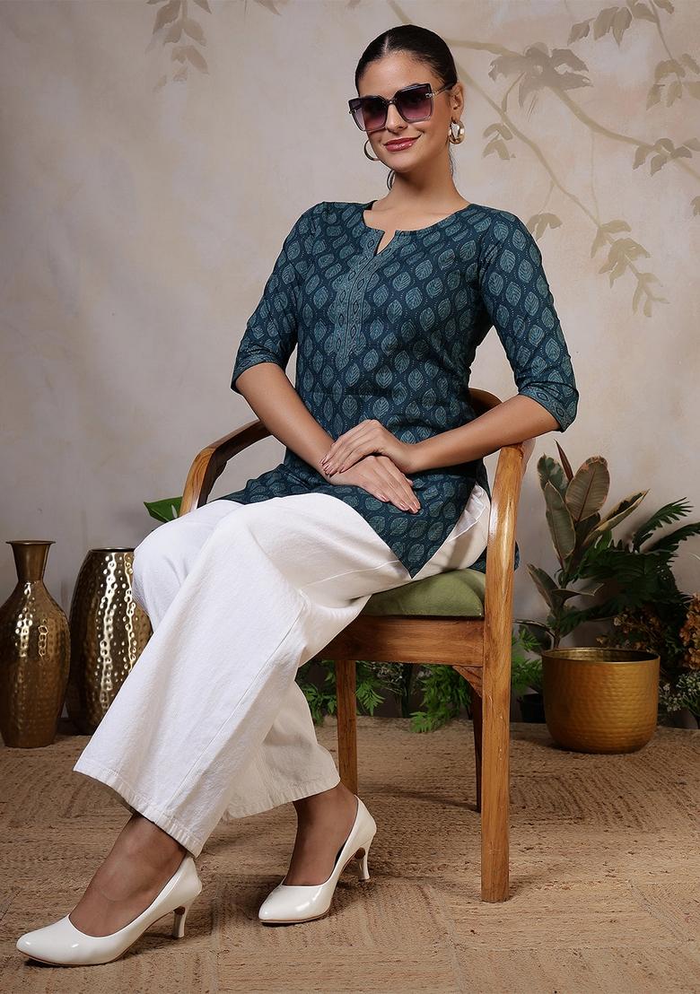 Teal Printed Cotton Kurta - Indya