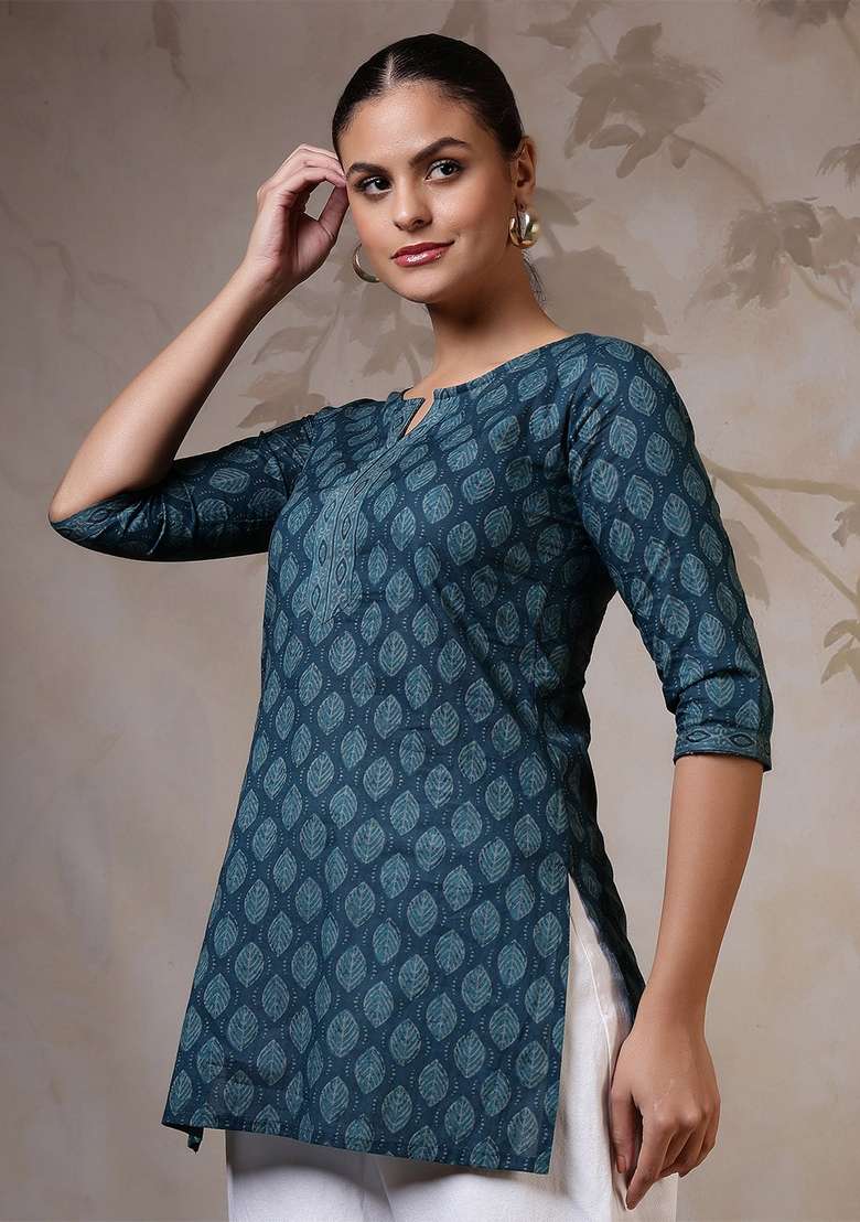 Teal Printed Cotton Kurta - Indya
