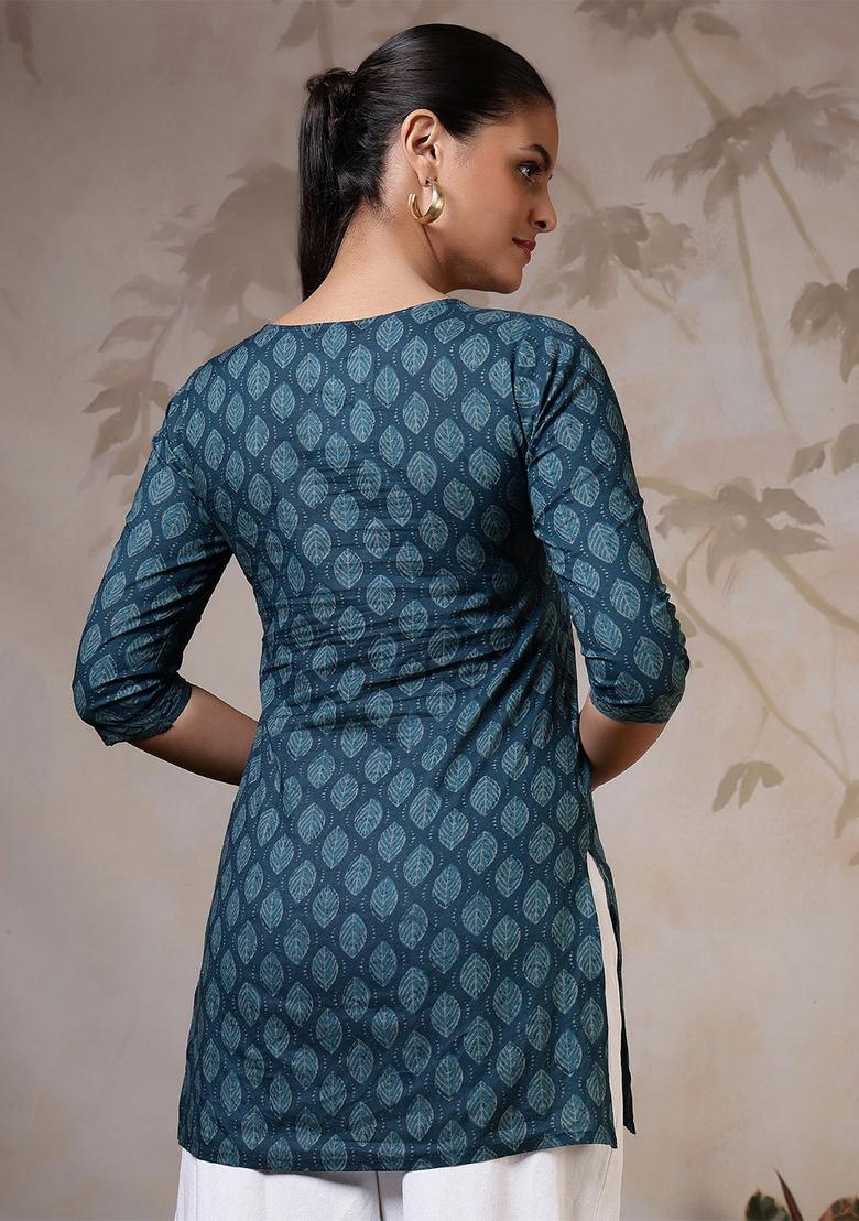 Teal Printed Cotton Kurta - Indya