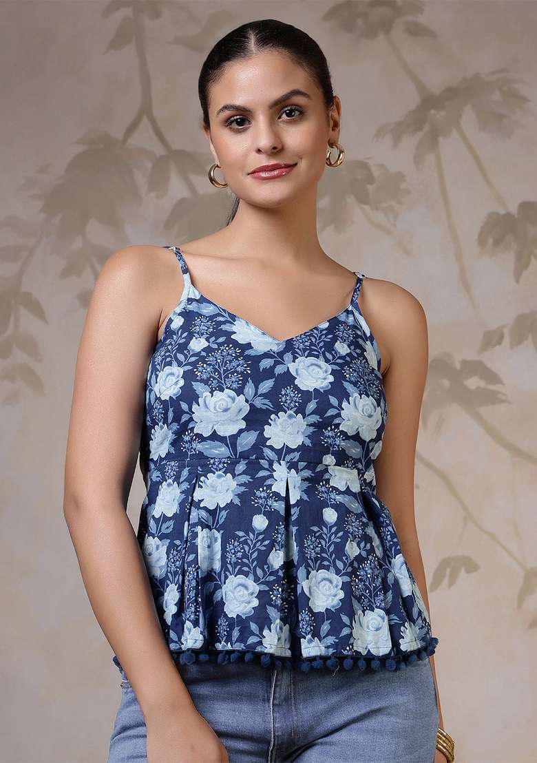 Blue Floral Print Cotton Kurta - Indya