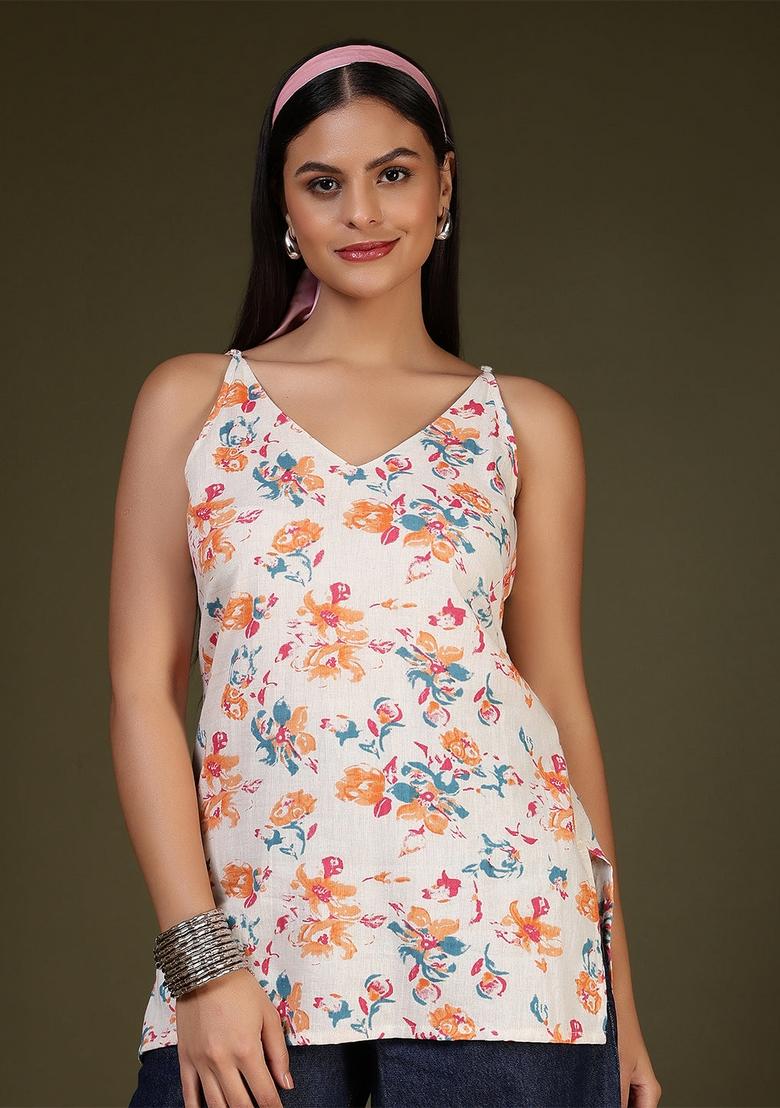 Off White Printed Cotton Tunic - Indya