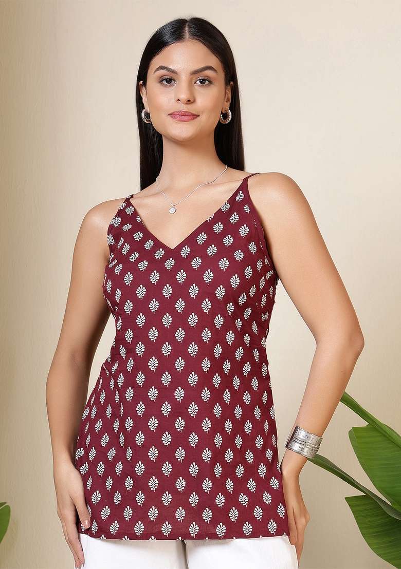 Burgundy Printed Cotton Kurta - Indya