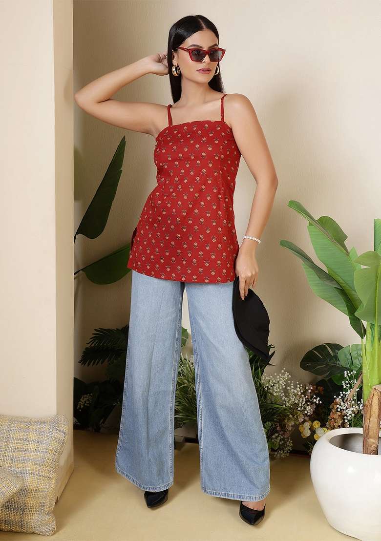 Maroon Printed Cotton Kurta - Indya