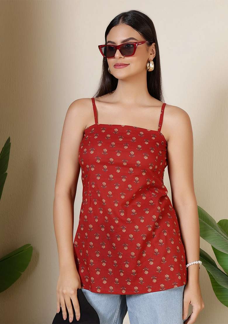 Maroon Printed Cotton Kurta - Indya