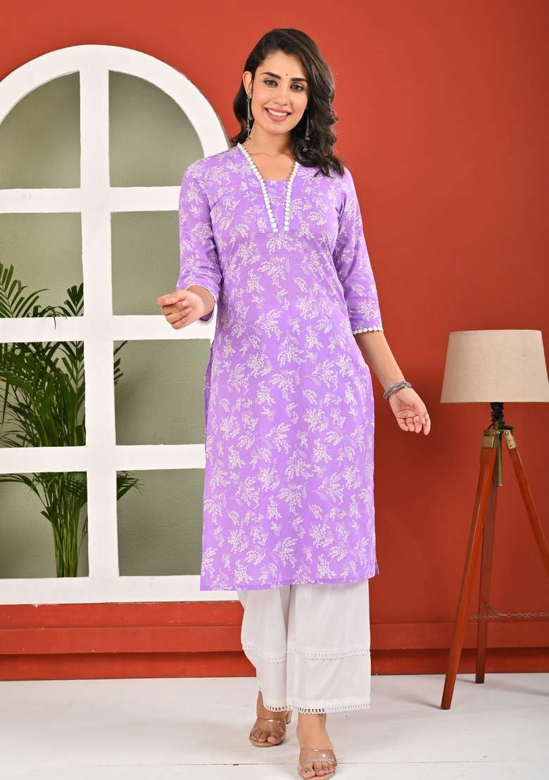 Purple Floral Print Cotton Straight Kurta Set - Indya
