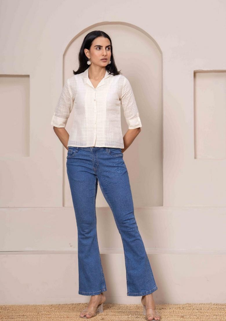 Cream Motif Cotton Top - Indya