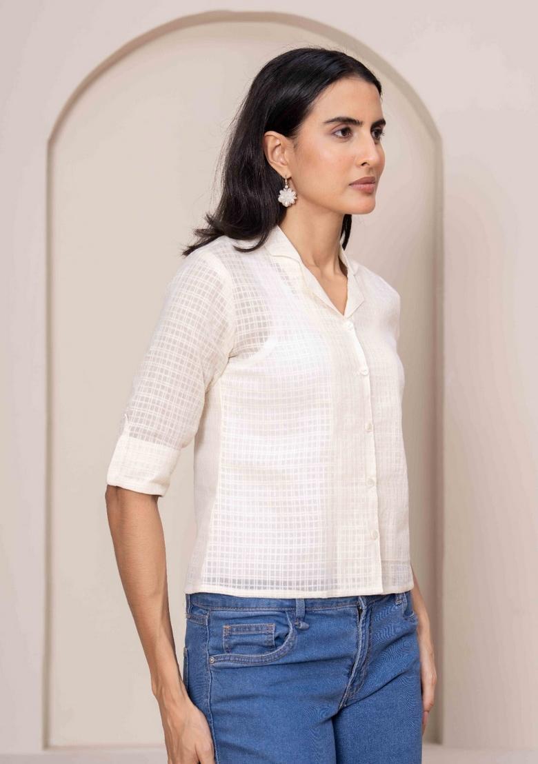 Cream Motif Cotton Top - Indya